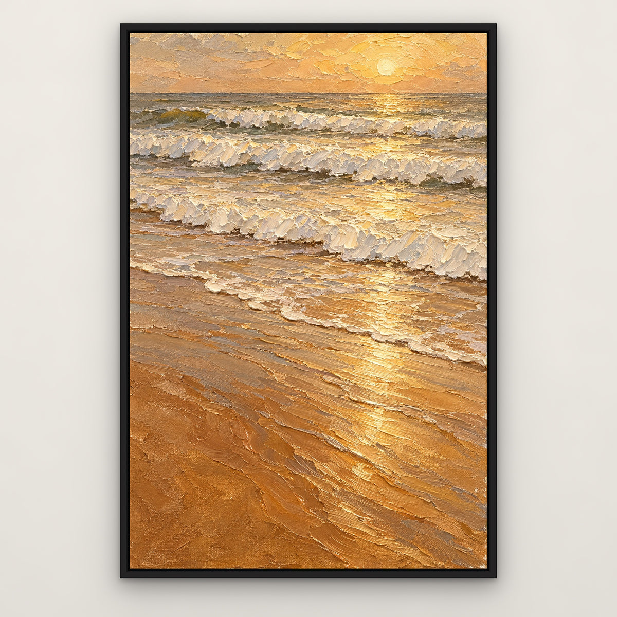 Sandy Surf, brown seascape hand-painted canvas wall art in a slim black float frame – Gallery 23