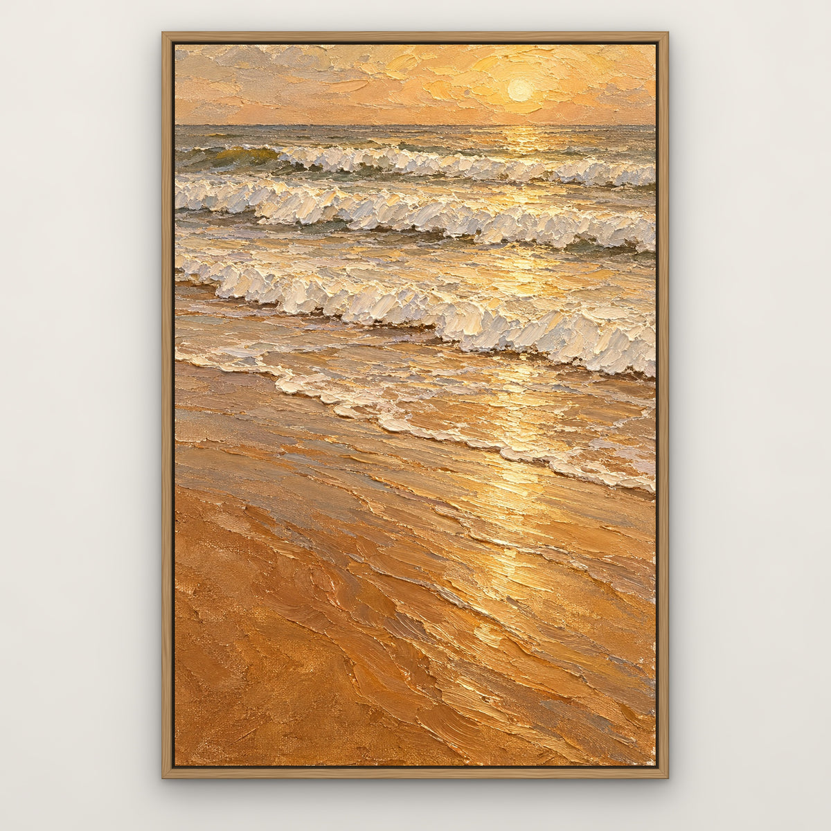 Sandy Surf, brown seascape hand-painted canvas wall art in a slim oak float frame – Gallery 23