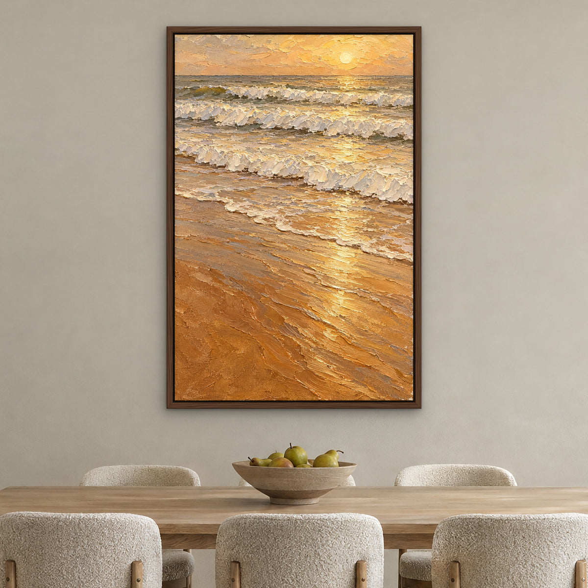 Sandy Surf, brown seascape hand-painted canvas wall art in a dining room – Gallery 23