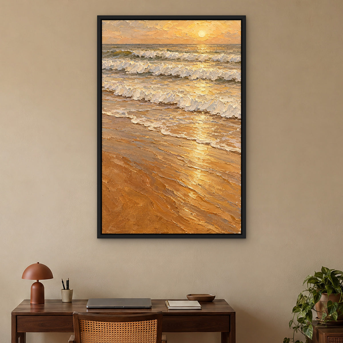 Sandy Surf, brown seascape hand-painted canvas wall art in a home office – Gallery 23