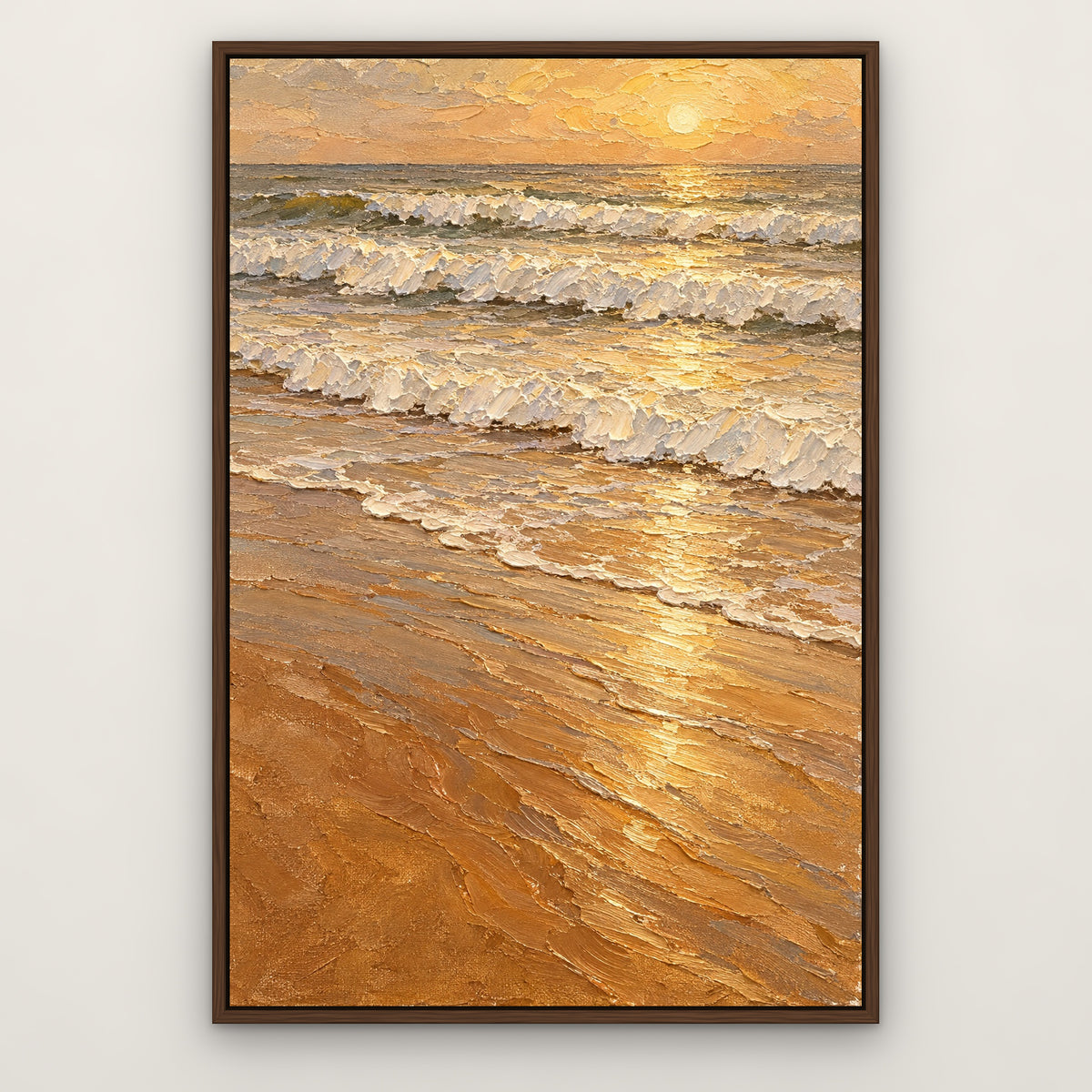 Sandy Surf, brown seascape hand-painted canvas wall art in a slim walnut float frame – Gallery 23