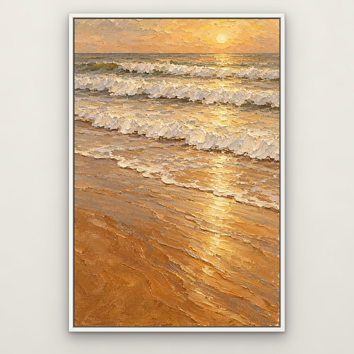 Sandy Surf, brown seascape hand-painted canvas wall art in a slim white float frame – Gallery 23