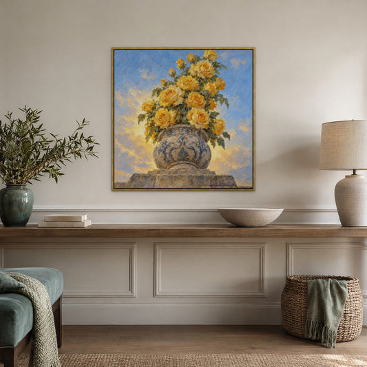 Yellow Rose Urn, blue floral hand-painted canvas wall art in a hallway – Gallery 23