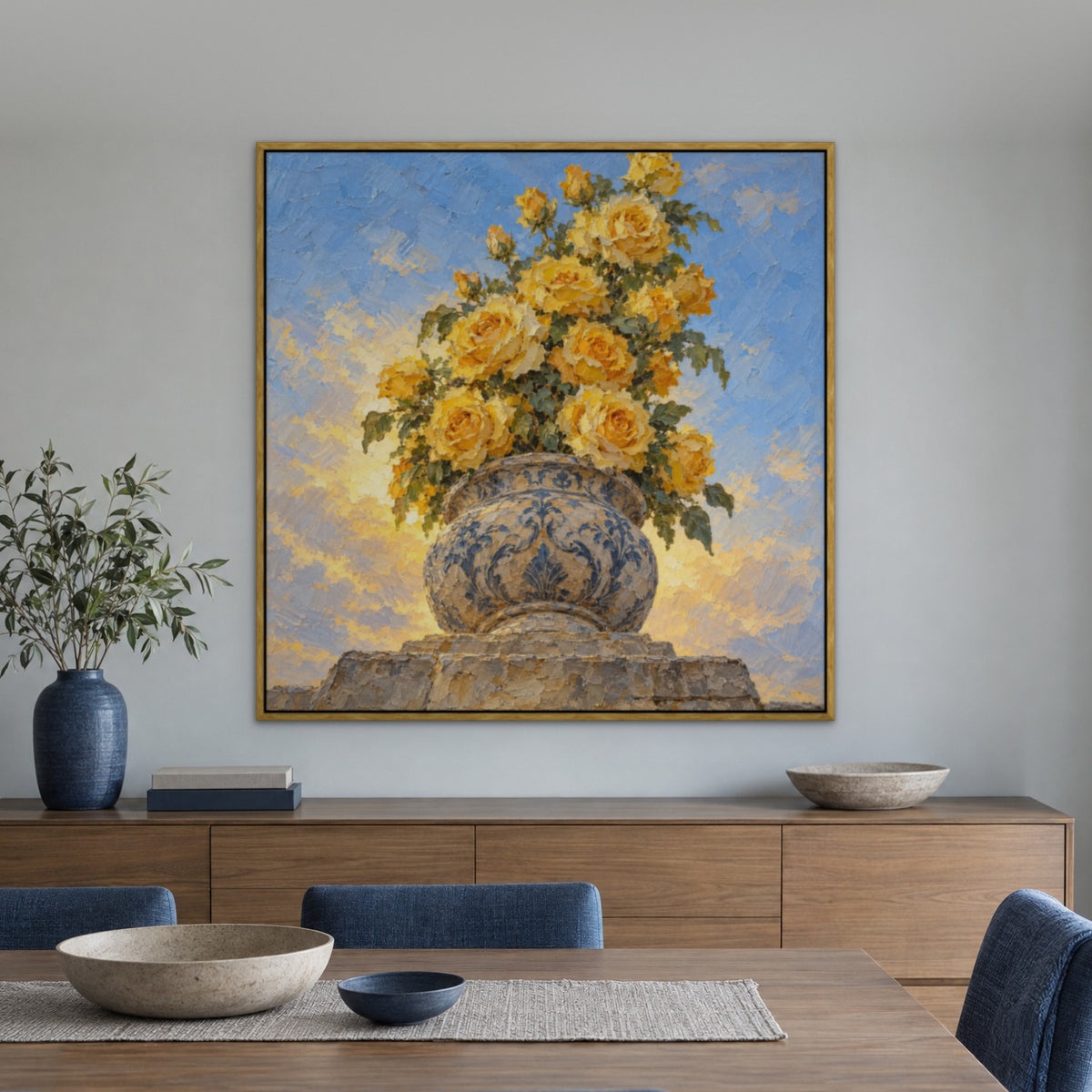 Yellow Rose Urn, blue floral hand-painted canvas wall art in a dining room – Gallery 23