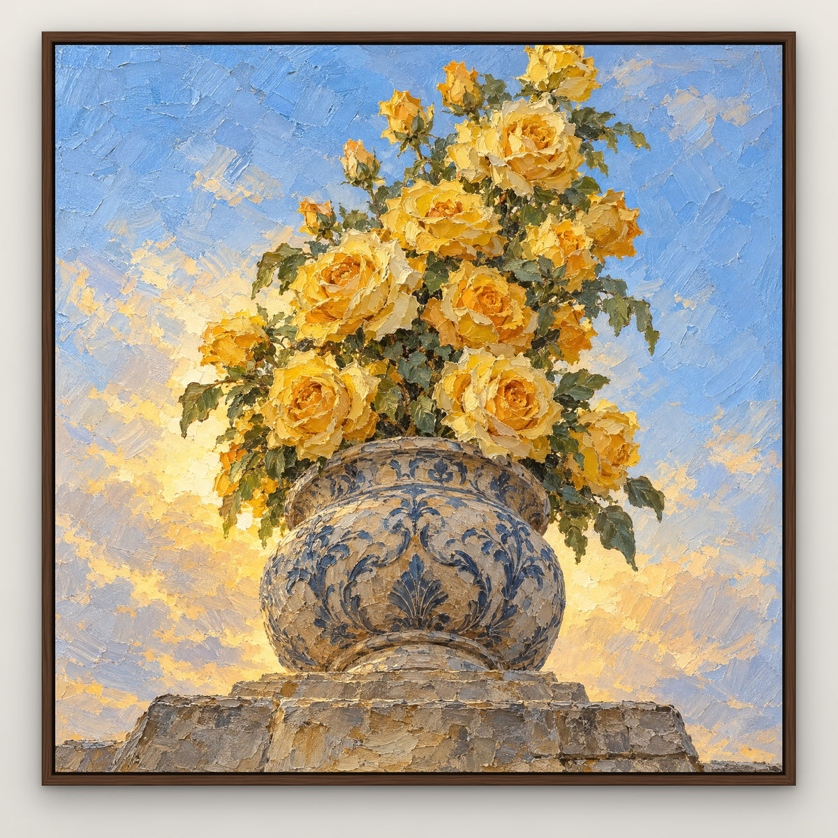 Yellow Rose Urn, blue floral hand-painted canvas wall art in a slim walnut float frame – Gallery 23