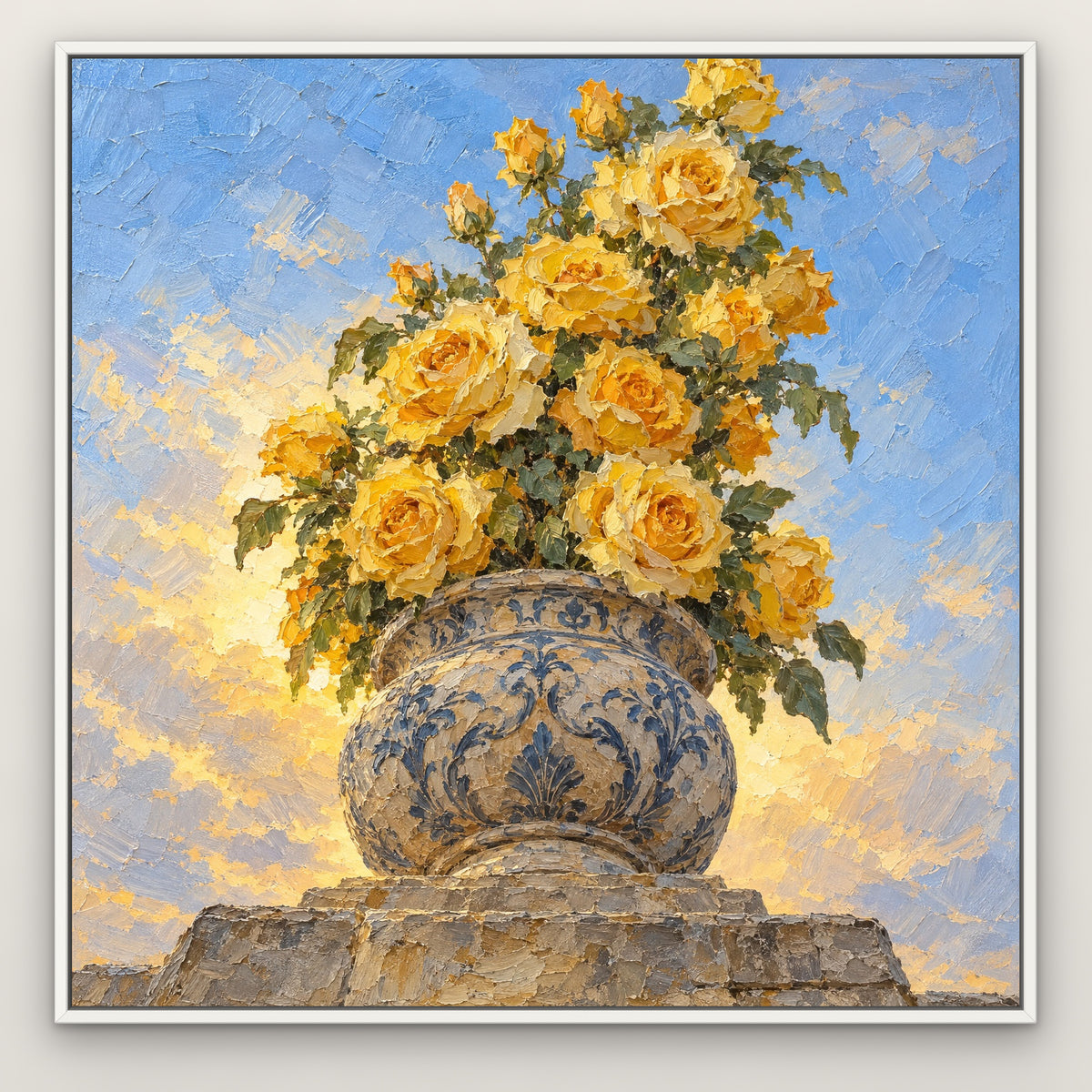 Yellow Rose Urn, blue floral hand-painted canvas wall art in a slim white float frame – Gallery 23