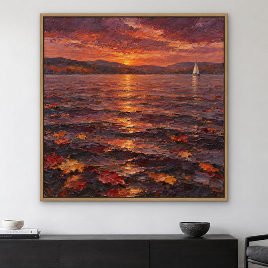 Autumn Lake Sail, orange coastal hand-painted canvas wall art in a living room – Gallery 23