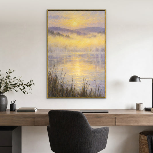 Lemon Mist Lake, colourful abstract hand-painted canvas wall art in a home office – Gallery 23
