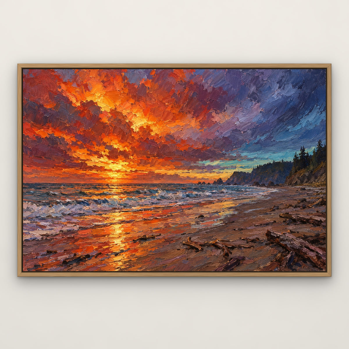 Fire Sky Beach, orange seascape hand-painted canvas wall art in a slim oak float frame – Gallery 23