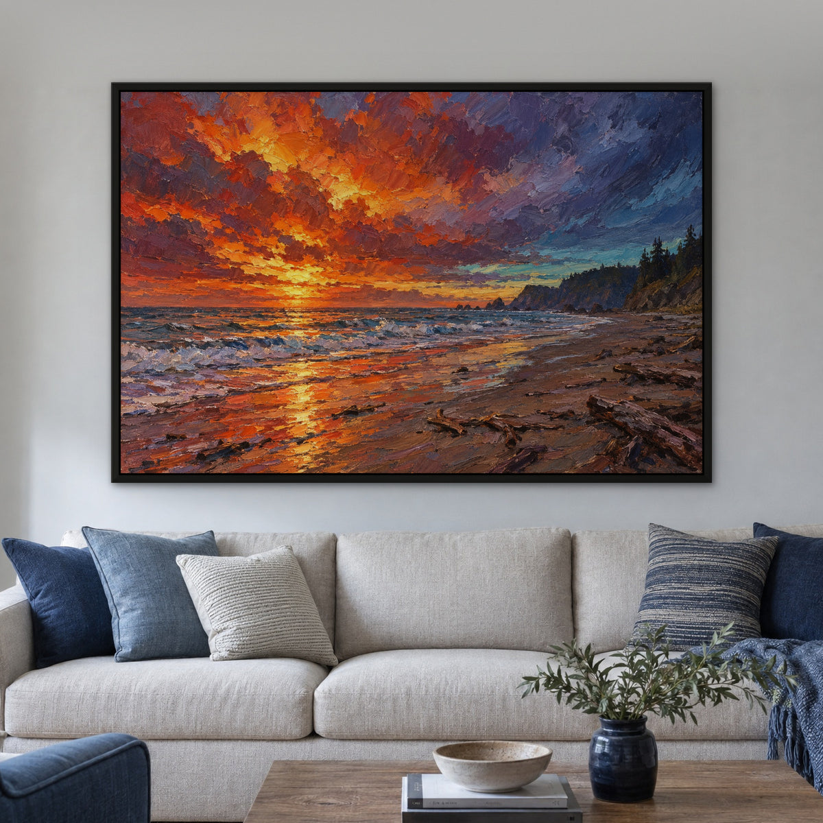 Fire Sky Beach, orange seascape hand-painted canvas wall art in a living room – Gallery 23