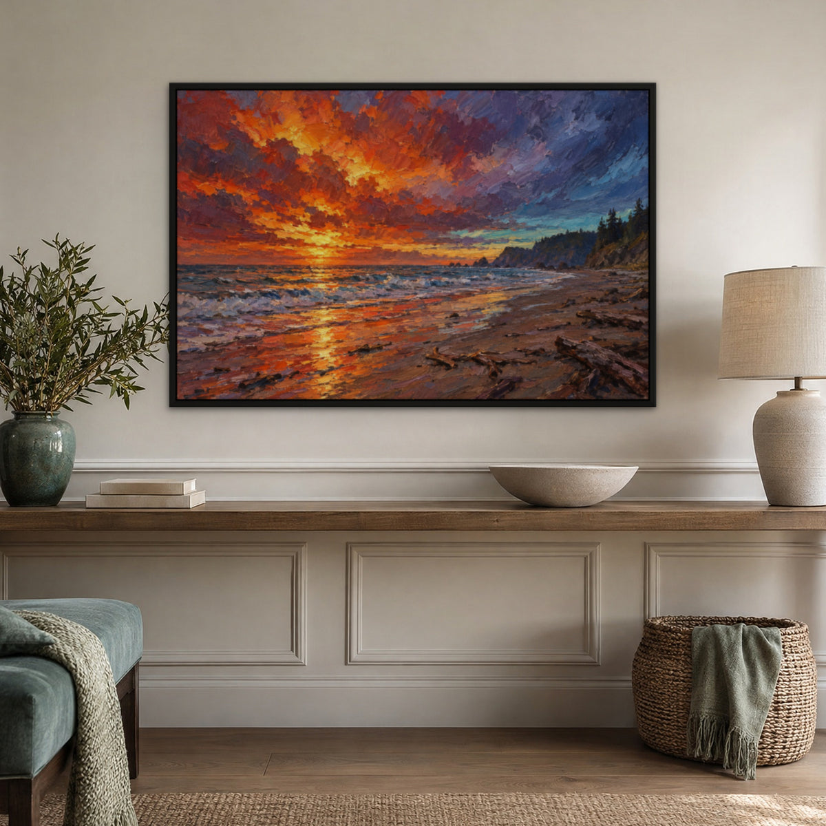 Fire Sky Beach, orange seascape hand-painted canvas wall art in a hallway – Gallery 23