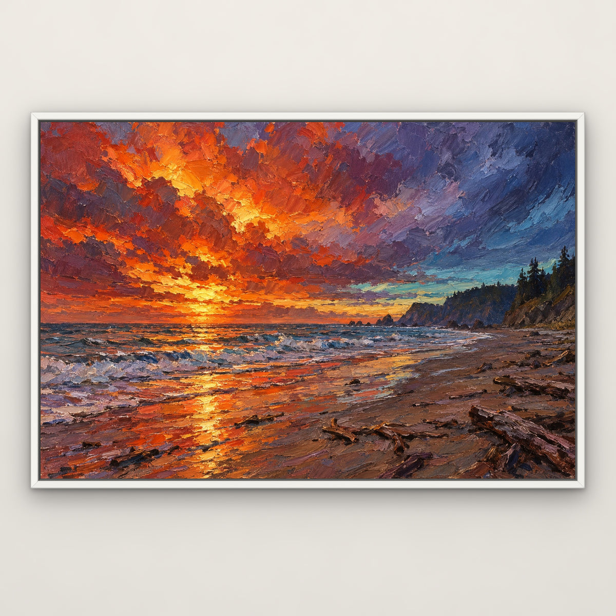 Fire Sky Beach, orange seascape hand-painted canvas wall art in a slim white float frame – Gallery 23