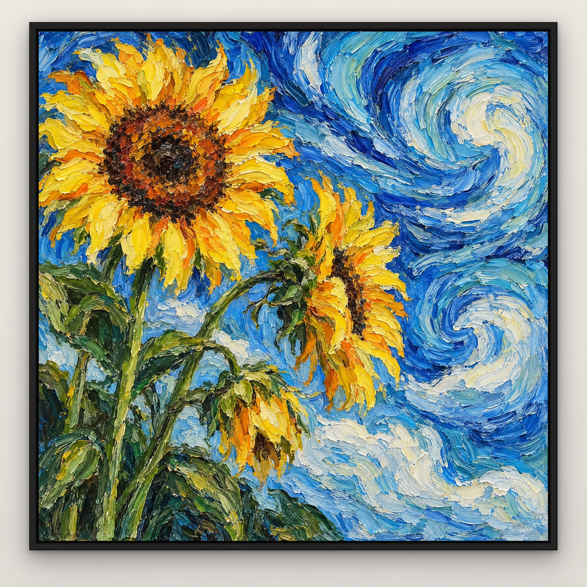 Sunflower Swirl, blue floral hand-painted canvas wall art in a slim black float frame – Gallery 23