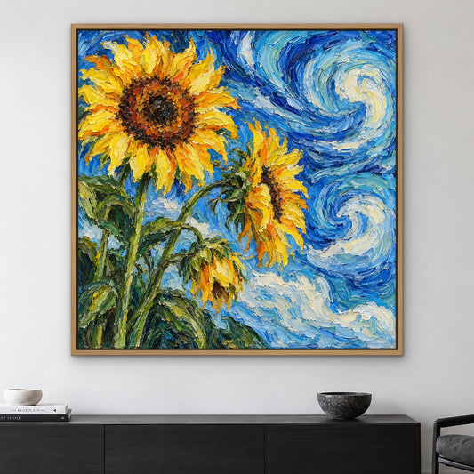 Sunflower Swirl, blue floral hand-painted canvas wall art in a living room – Gallery 23