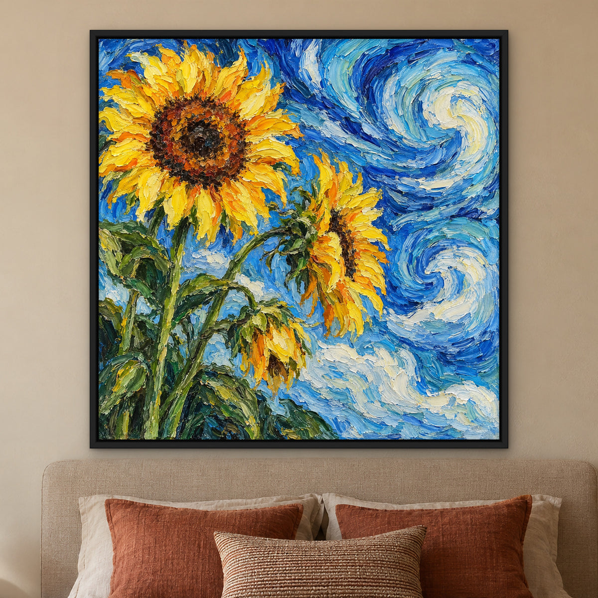 Sunflower Swirl, blue floral hand-painted canvas wall art in a bedroom – Gallery 23