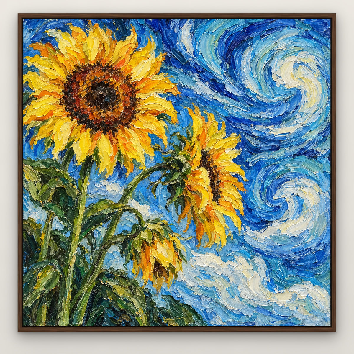 Sunflower Swirl, blue floral hand-painted canvas wall art in a slim walnut float frame – Gallery 23