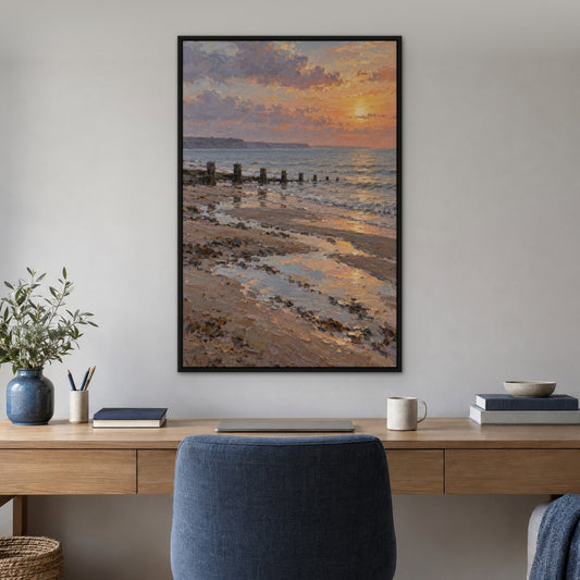 Peach Horizon Glow, orange seascape hand-painted canvas wall art in a home office – Gallery 23