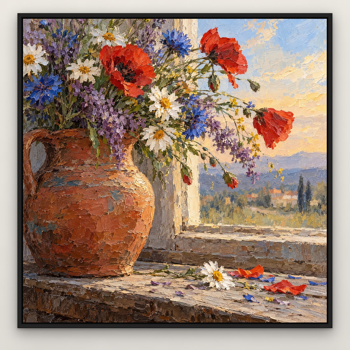 Wildflower Jug, colourful floral hand-painted canvas wall art in a slim black float frame – Gallery 23