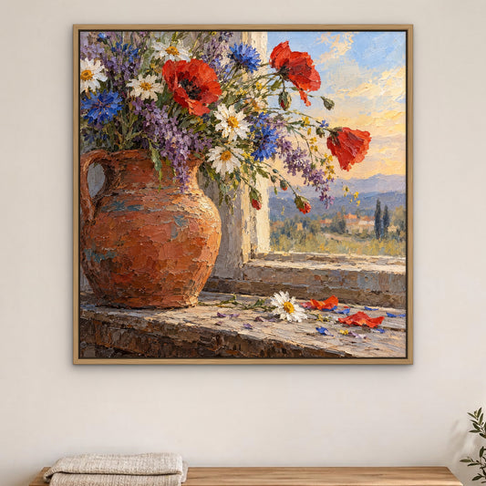 Wildflower Jug, colourful floral hand-painted canvas wall art in a bedroom – Gallery 23