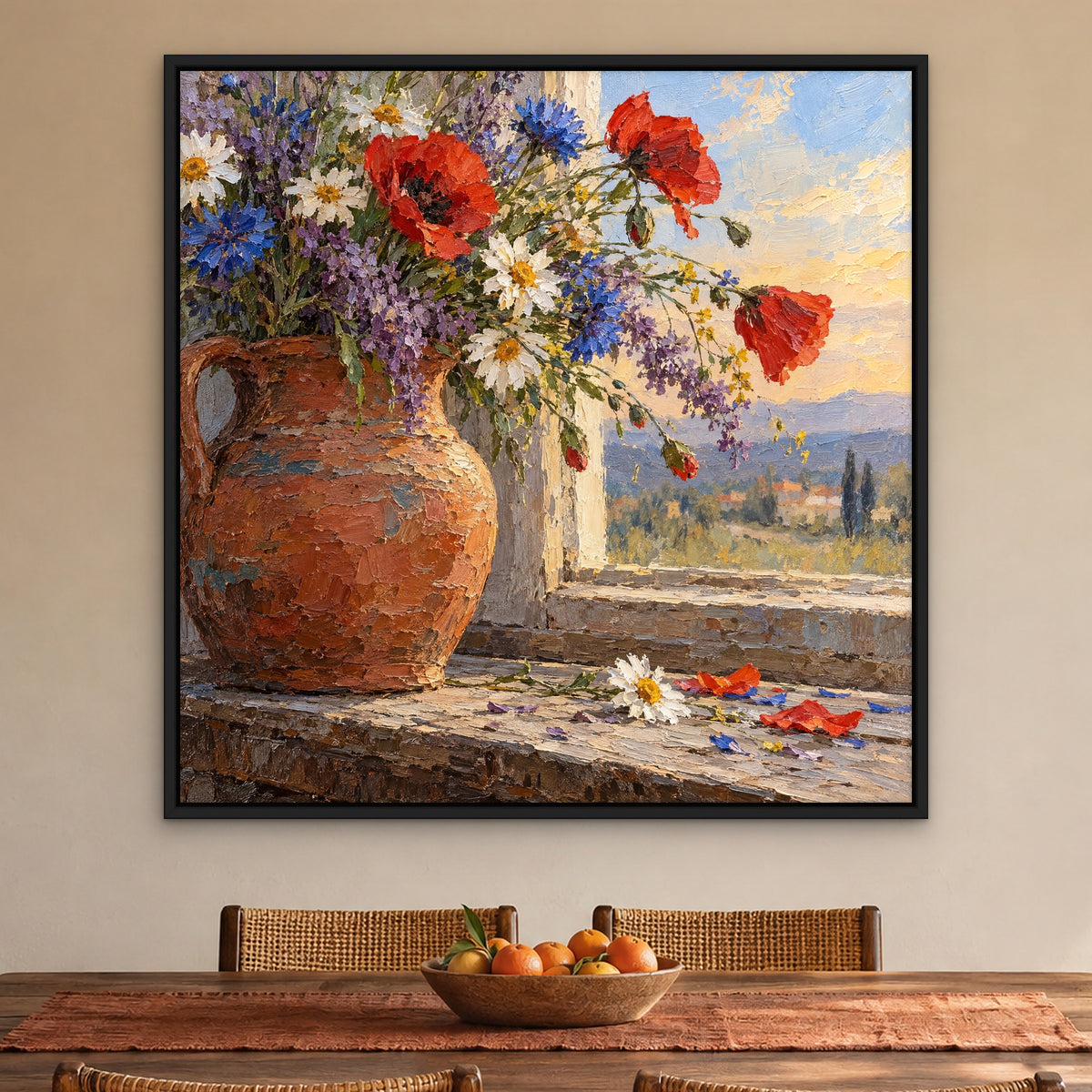 Wildflower Jug, colourful floral hand-painted canvas wall art in a dining room – Gallery 23