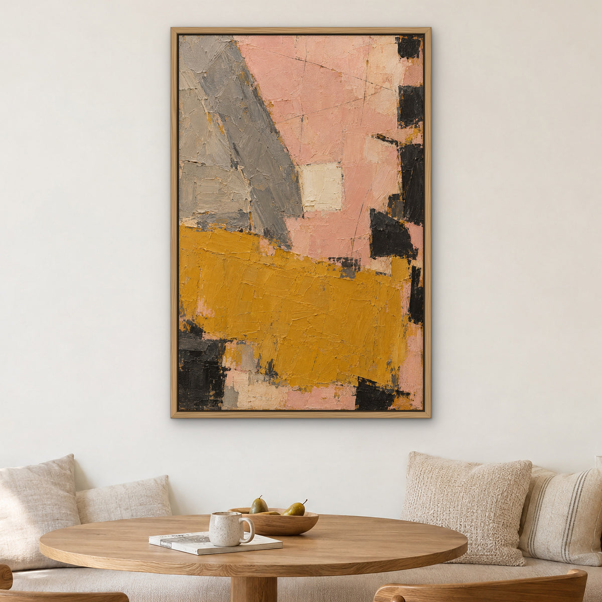 Ochre Fragment, yellow abstract hand-painted canvas wall art in a kitchen nook – Gallery 23