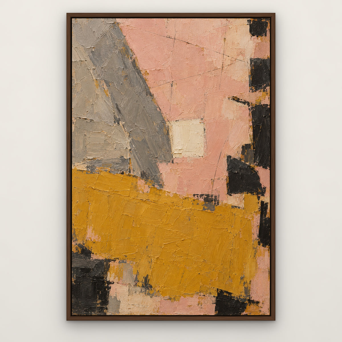 Ochre Fragment, yellow abstract hand-painted canvas wall art in a slim walnut float frame – Gallery 23