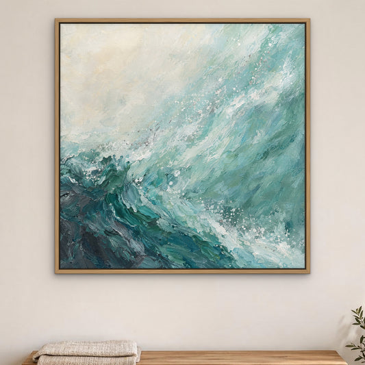 Seafoam Haze, teal abstract hand-painted canvas wall art in a bedroom – Gallery 23