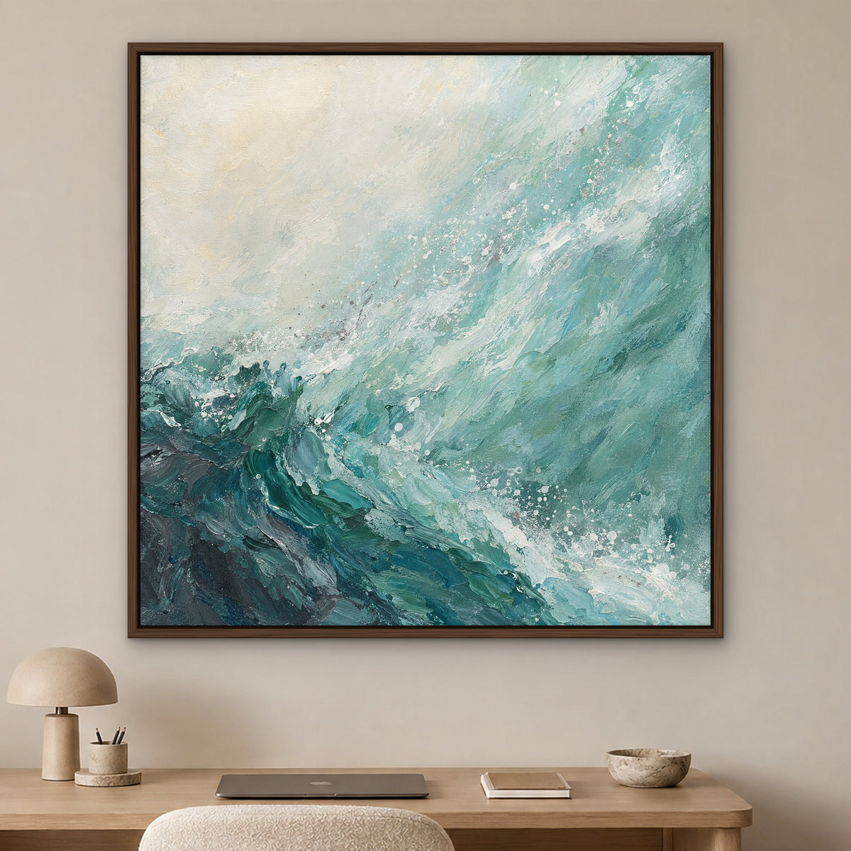 Seafoam Haze, teal abstract hand-painted canvas wall art in a home office – Gallery 23