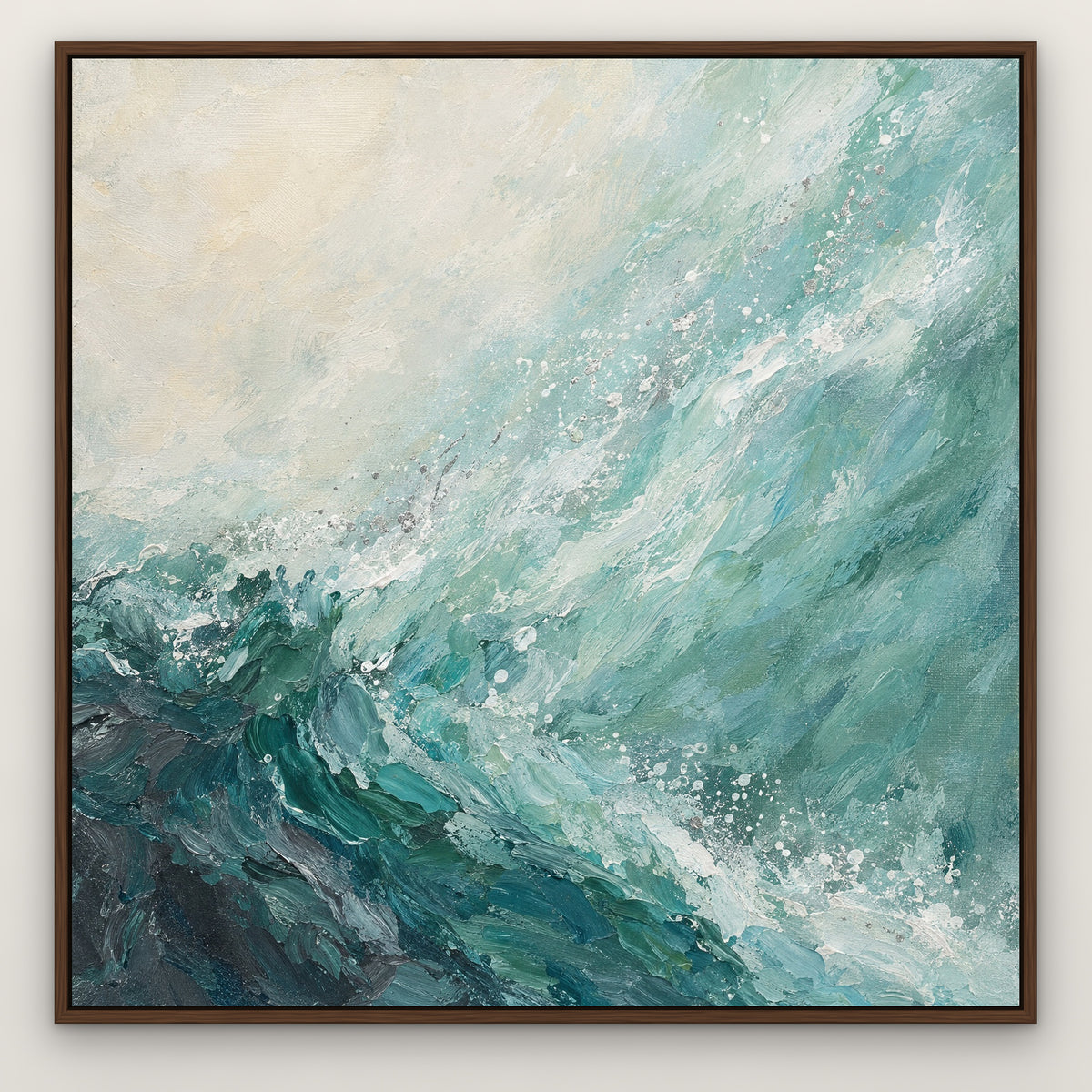 Seafoam Haze, teal abstract hand-painted canvas wall art in a slim walnut float frame – Gallery 23