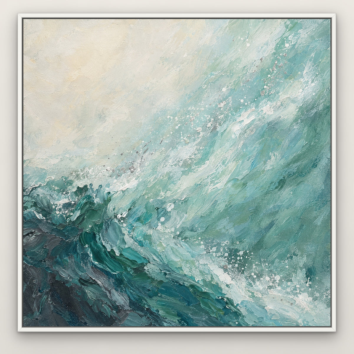 Seafoam Haze, teal abstract hand-painted canvas wall art in a slim white float frame – Gallery 23