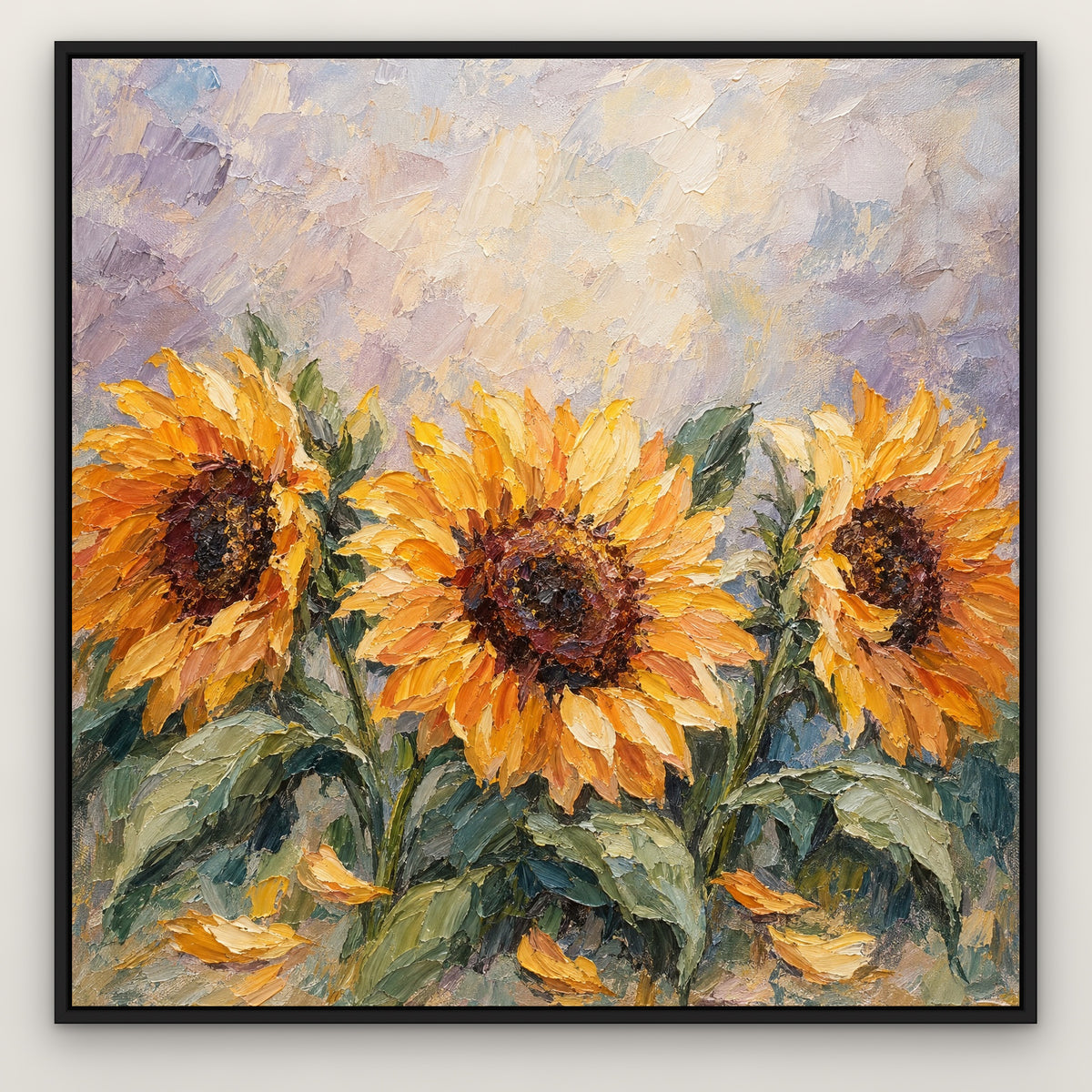 Sunflower Trio, orange floral hand-painted canvas wall art in a slim black float frame – Gallery 23