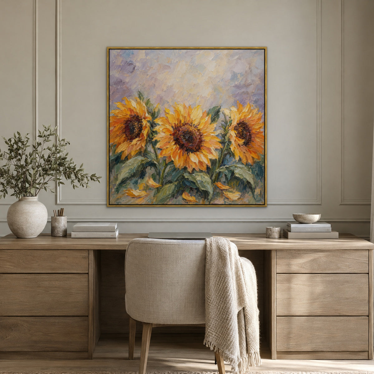Sunflower Trio, orange floral hand-painted canvas wall art in a home office – Gallery 23