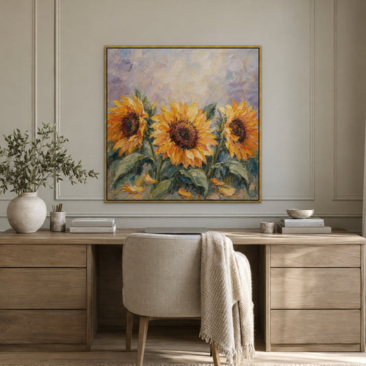 Sunflower Trio, orange floral hand-painted canvas wall art in a home office – Gallery 23