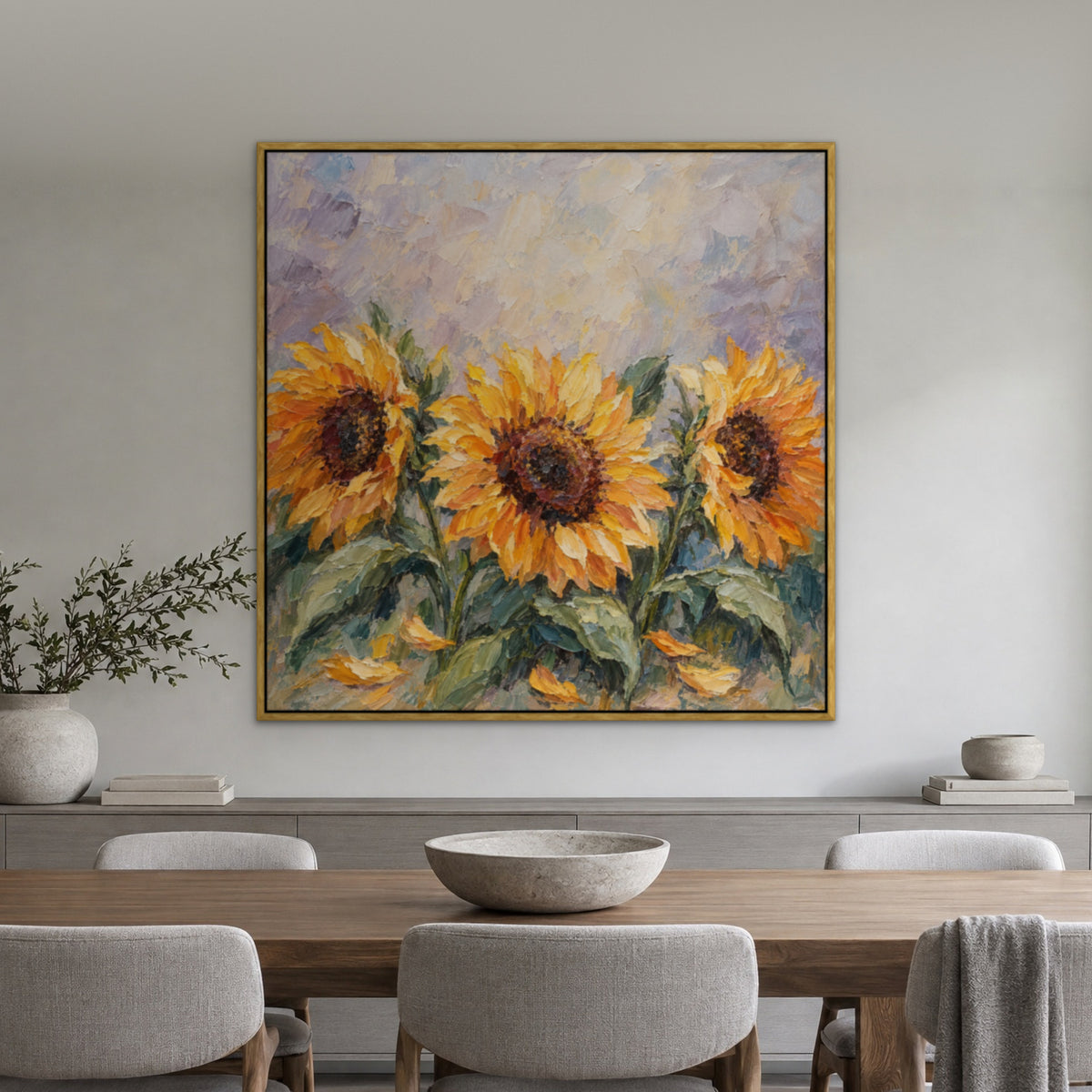 Sunflower Trio, orange floral hand-painted canvas wall art in a dining room – Gallery 23