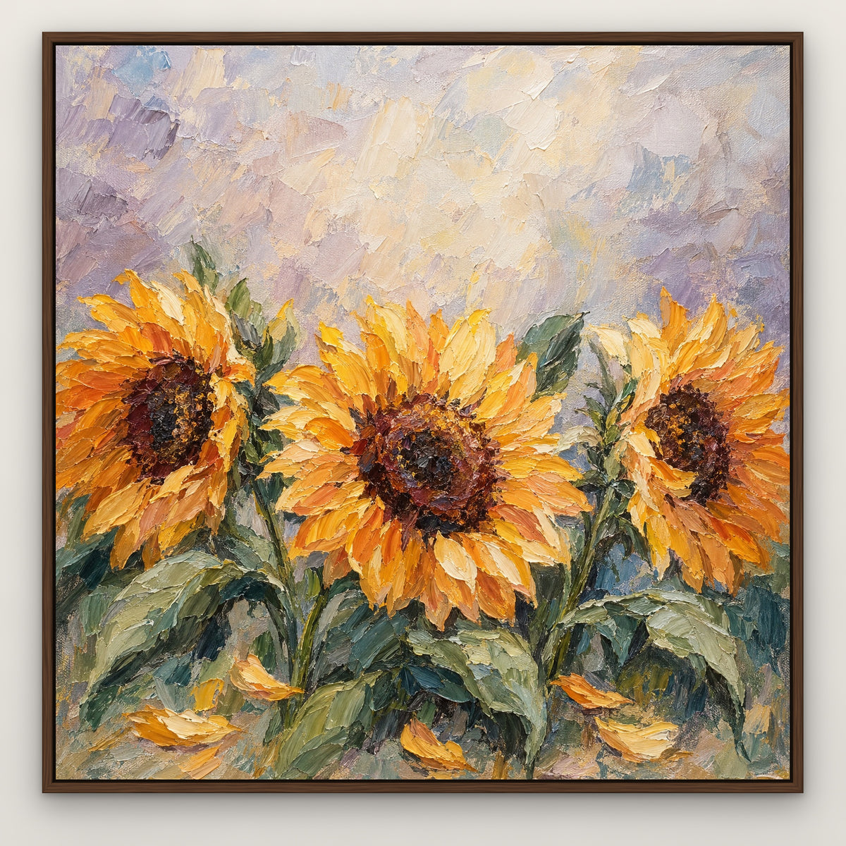Sunflower Trio, orange floral hand-painted canvas wall art in a slim walnut float frame – Gallery 23