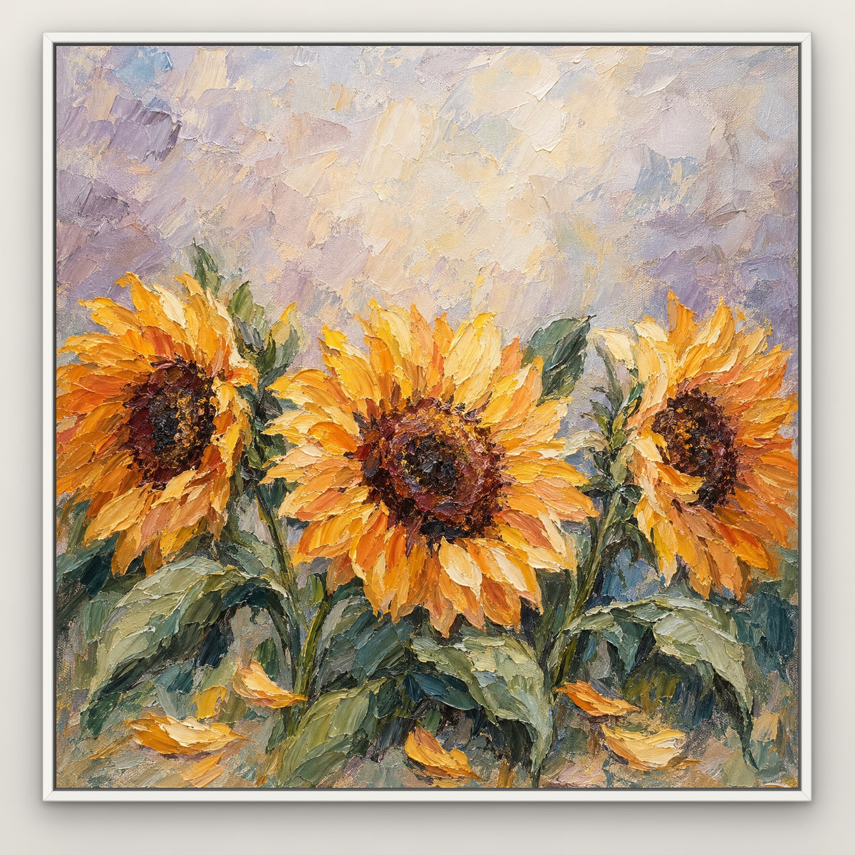 Sunflower Trio, orange floral hand-painted canvas wall art in a slim white float frame – Gallery 23