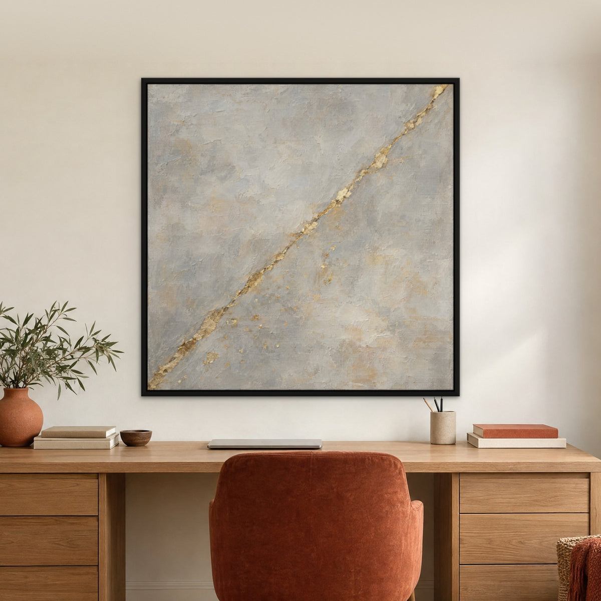 Gold Leaf Line, neutral abstract hand-painted canvas wall art in a home office – Gallery 23