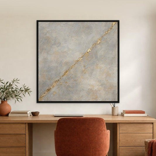 Gold Leaf Line, neutral abstract hand-painted canvas wall art in a home office – Gallery 23