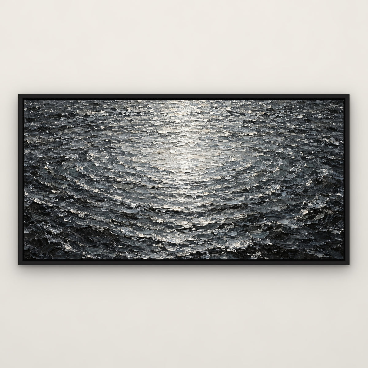 Silver Ripple Sea, grey abstract hand-painted canvas wall art in a slim black float frame – Gallery 23