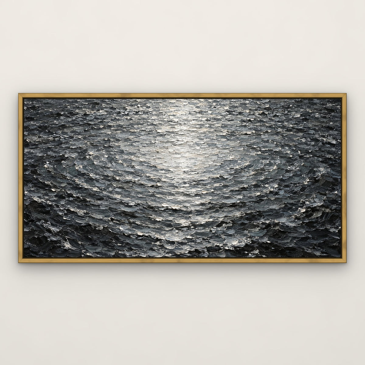 Silver Ripple Sea, grey abstract hand-painted canvas wall art in a slim antique gold float frame – Gallery 23