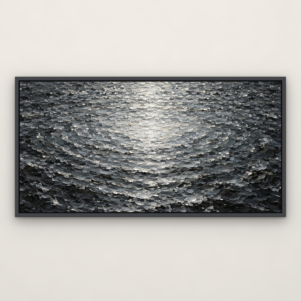 Silver Ripple Sea, grey abstract hand-painted canvas wall art in a slim dark grey float frame – Gallery 23