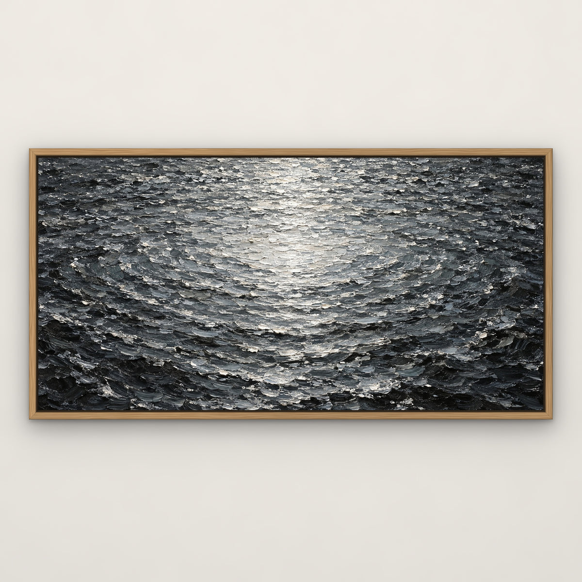 Silver Ripple Sea, grey abstract hand-painted canvas wall art in a slim oak float frame – Gallery 23