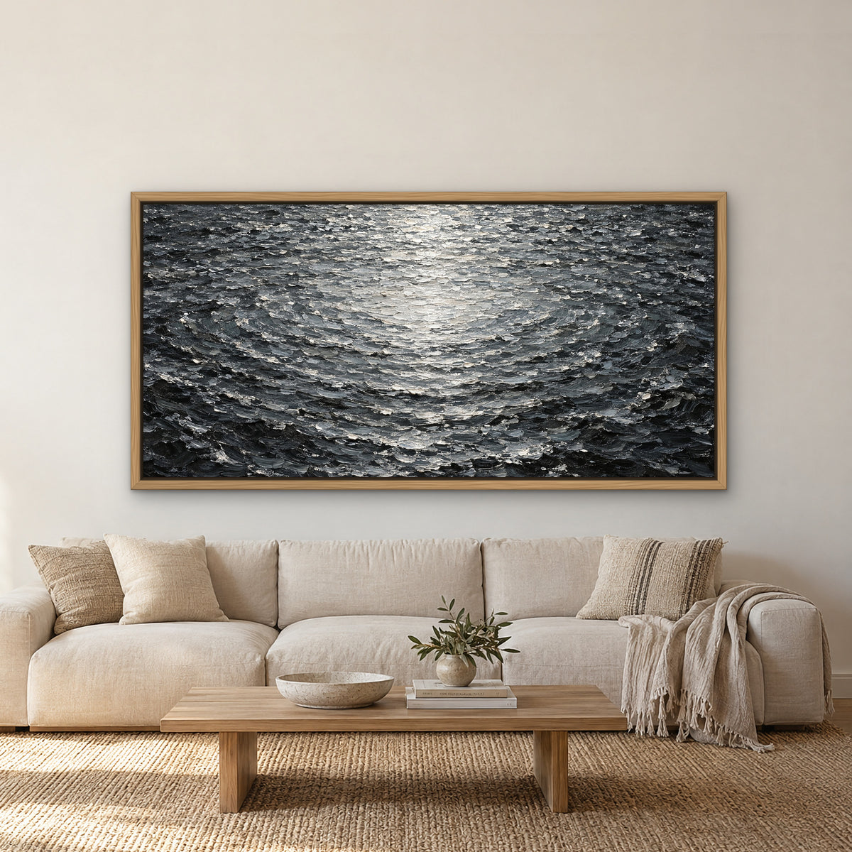 Silver Ripple Sea, grey abstract hand-painted canvas wall art in a living room – Gallery 23