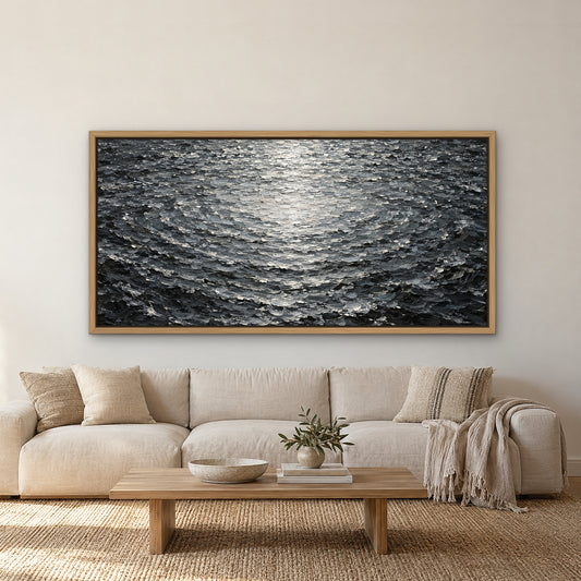Silver Ripple Sea, grey abstract hand-painted canvas wall art in a living room – Gallery 23