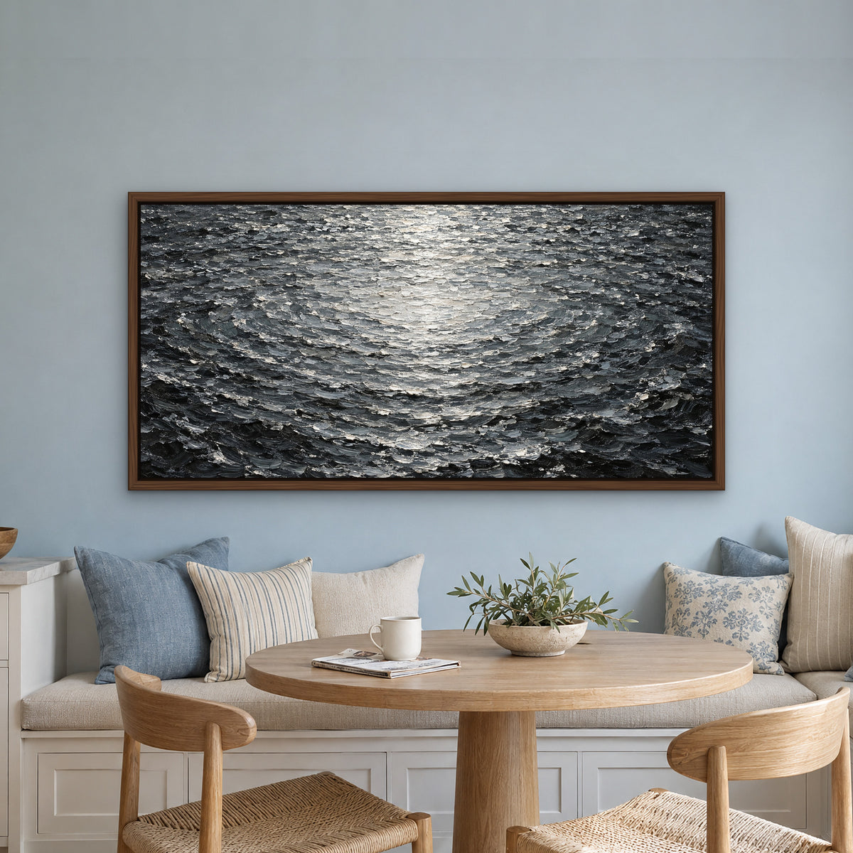 Silver Ripple Sea, grey abstract hand-painted canvas wall art in a kitchen nook – Gallery 23