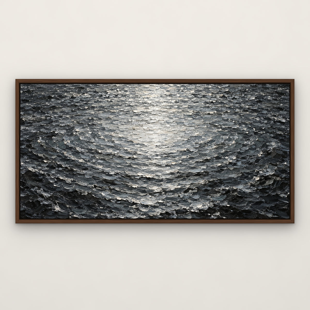Silver Ripple Sea, grey abstract hand-painted canvas wall art in a slim walnut float frame – Gallery 23