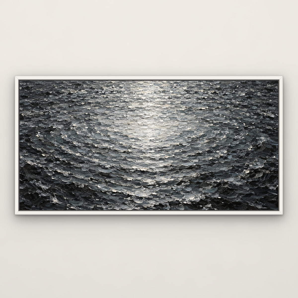 Silver Ripple Sea, grey abstract hand-painted canvas wall art in a slim white float frame – Gallery 23