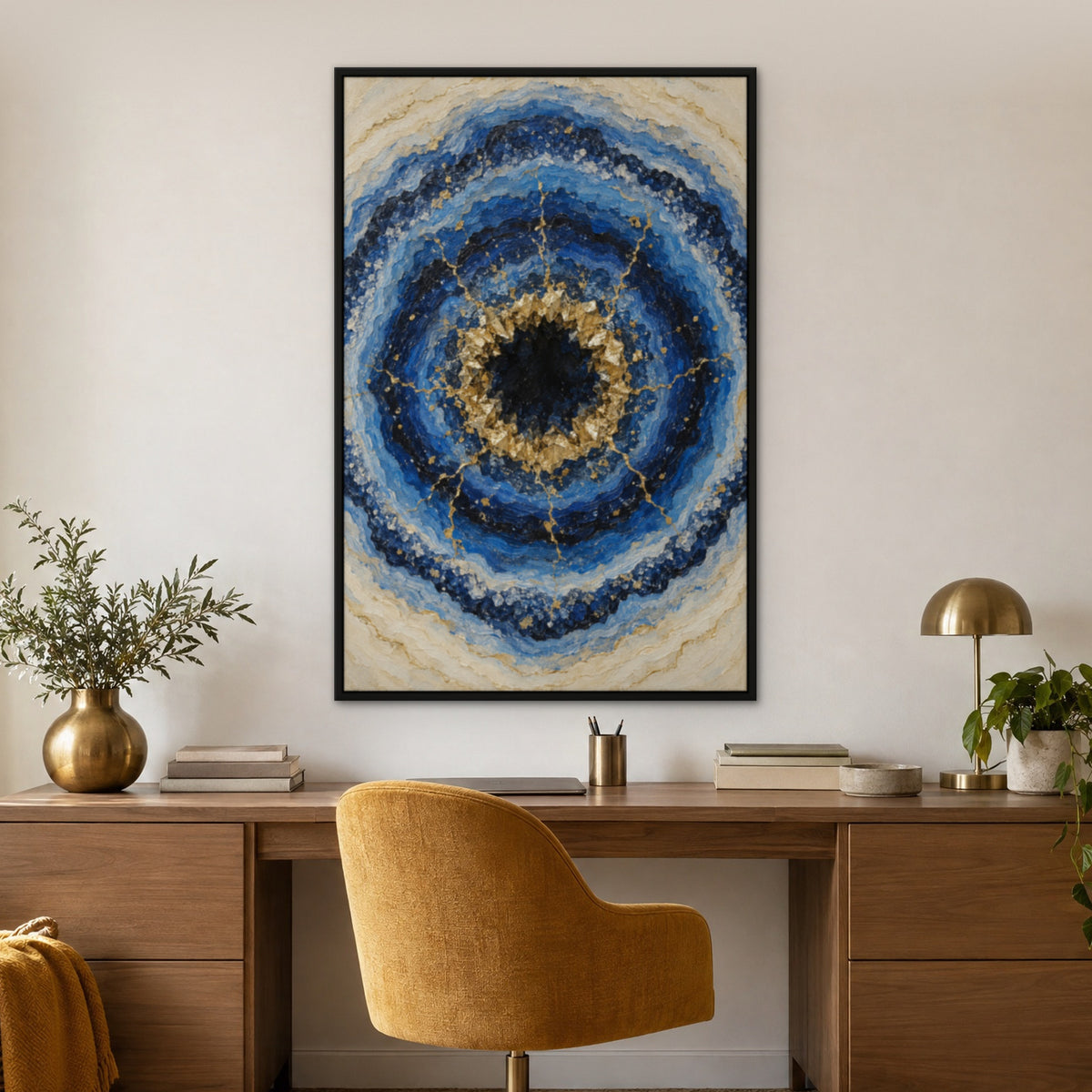 Sapphire Geode, blue abstract hand-painted canvas wall art in a home office – Gallery 23