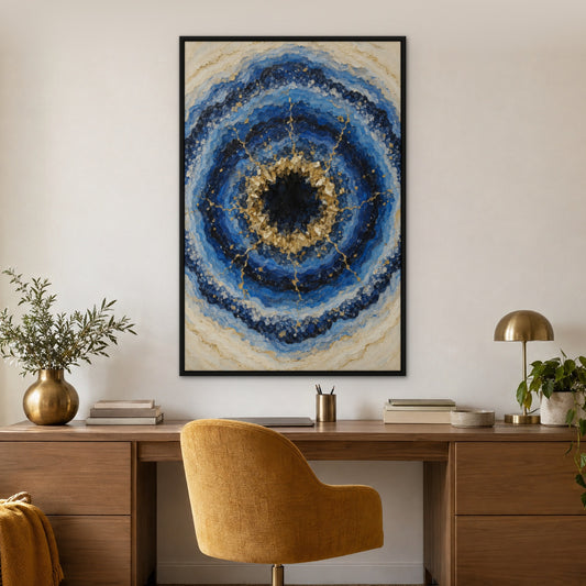 Sapphire Geode, blue abstract hand-painted canvas wall art in a home office – Gallery 23