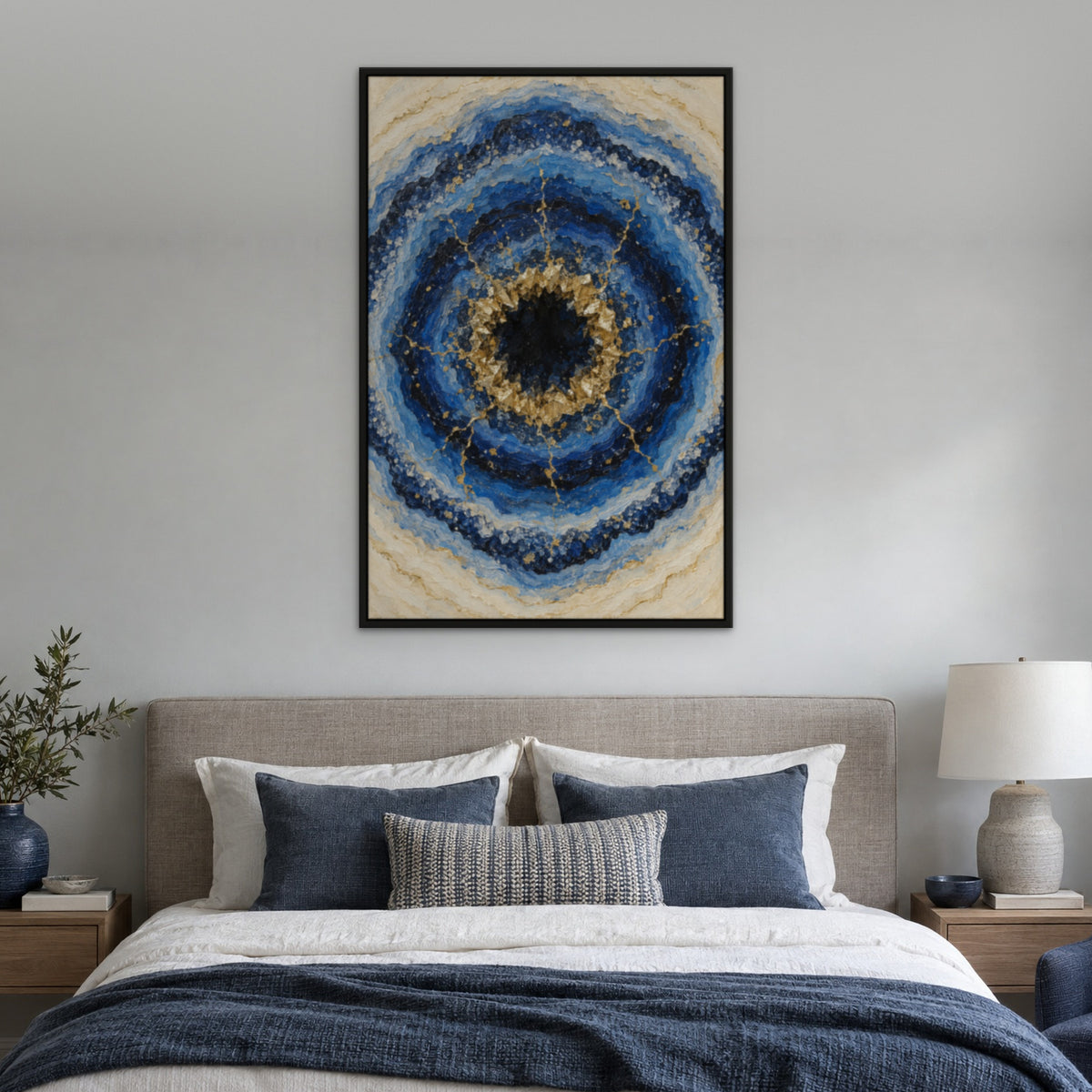 Sapphire Geode, blue abstract hand-painted canvas wall art in a bedroom – Gallery 23